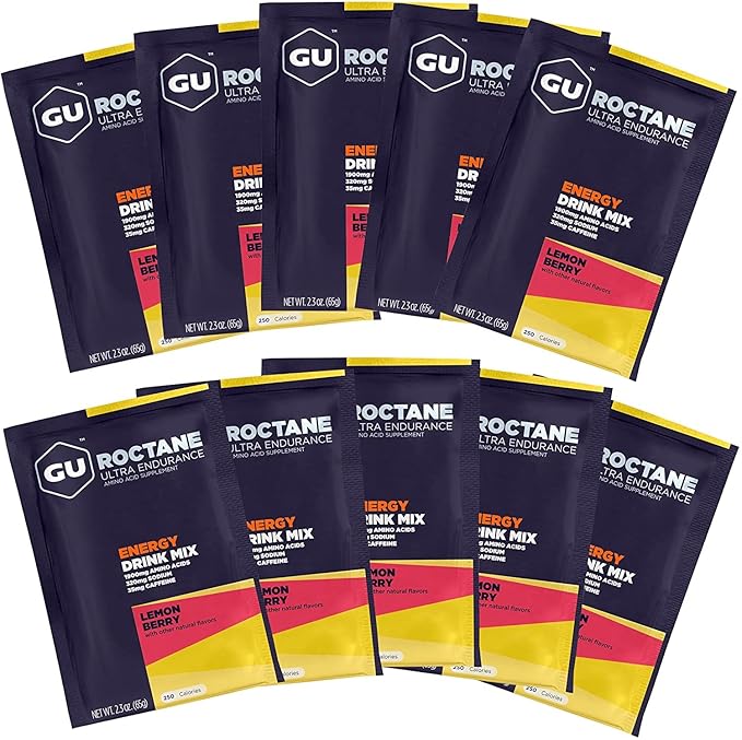 GU Energy Roctane Ultra Endurance Energy Drink Mix, Vegan, Gluten-Free, Kosher, Caffeine-Free, and Dairy-Free n-the-Go Energy for Any Workout, 10 Single-Serving Packets, Lemon Berry