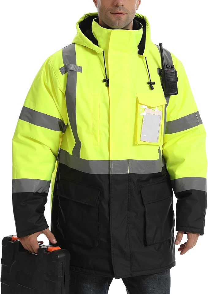 Reflective Jacket - High Visibility Waterproof Parka with Removable Hood and Zipper, Conforms ANSI Class 3 (Lime,5XL)