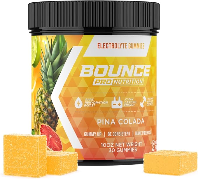 Bounce Pro Hydration Electrolyte Gummies – 30 Vegan Chewable Gummies with Sodium, Potassium & Magnesium for Running, Workouts & Endurance – No Sugar, Caffeine Free Electrolyte Chews, Pina Colada