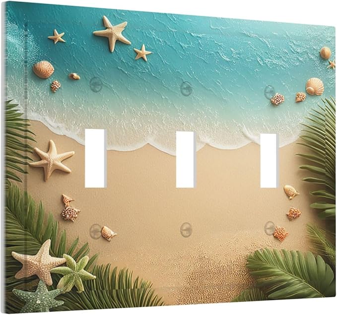 Decorative Switch Plates Summer Beach Themed Starfish Seashells 3 Gang Wall Plate Triple Toggle Light Switch Cover Faceplate Electrical Wall Panels for Bedroom Bathroom Decor