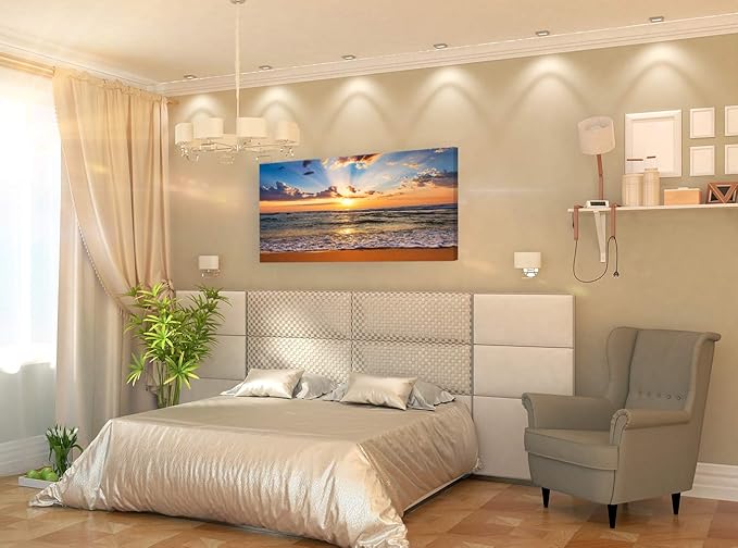 Muolunna BK1850 Wall Art Decor Large Canvas Print Picture Sunrise Ocean Beach Waves Scenery Modern Painting Artwork for Office Wall Decor Home Decoration Stretched and Framed Ready to Hang, 20x40inch