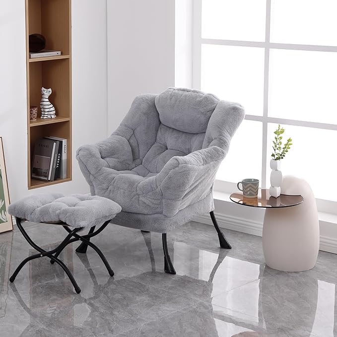 Lazy Chair with Folding Ottoman, Modern Accent Lounge Armchair with Armrests and a Side Pocket & Foldable Footstool, Leisure Reading Chair for Living Room, Bedroom, Dorm & Office, Plush Grey