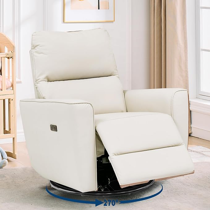 Power Recliner Chair Swivel Glider Faux Leather Upholstered Nursery Rocker Reclining Sofa Chair with Charging Port, Curved Armrests & Padded Backrest for Living Room and Bedroom(Power Beige)