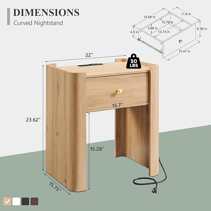 23.6" Tall Modern Nightstand Set of 2, 22" Wide Curved Bedside Table with Charging Station, Wooden Night Stand with 1 Storage Drawer, Large End Table for Bedroom, Living Room, Natural