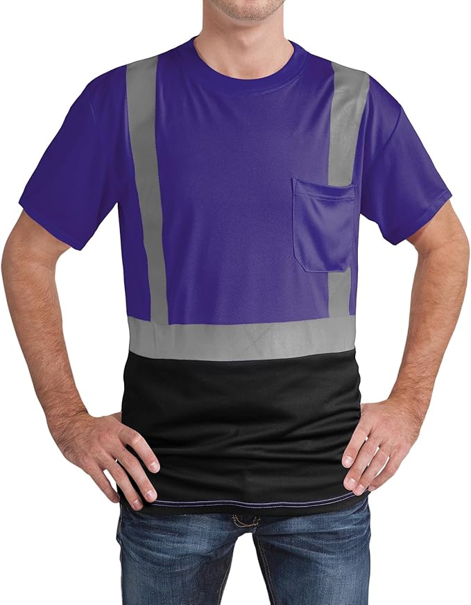 High Visibility Shirts Quick Dry Safety T Shirts with Reflective Strips and Pocket Short Sleeve Mesh Hi Vis Construction Work Class 2 Shirt for Men/Women Black Bottom Purple,6XL