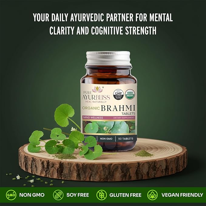 100% Organic Brahmi Tablets with Bacopa monnieri Extract, Ayurvedic Cognitive Support for Memory, Focus, and Mental Clarity, Herbal Brain Health Formula - 90 Count
