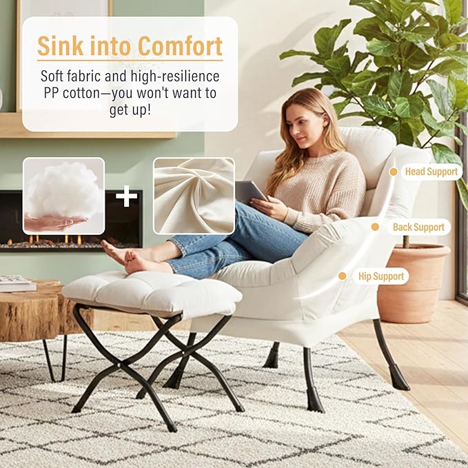 Lazy Chair with Ottoman, Modern Chair with Folding Footrest, Lounge Accent Chair, Comfortable Reading Chair, Oversized Armchairs for Bedroom, Study, Living Room, Courtyard (Beige
