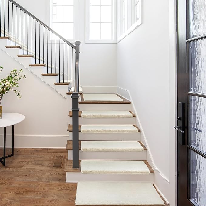 PURE ERA Carpet Stair Treads Ultra Plush 9.5" X 30"Soft Bullnose Indoor Stair Protectors Pet-Friendly Non-Slip Skid Resistant Tape Free Washable Reusable(2 Pieces,White)