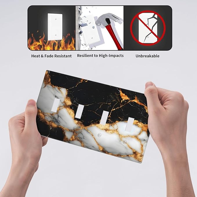 Decorative Switch Plate Covers Black Gold Marble 4 Gang Light Switch Cover Plate Quad Toggle Wall Plate Light Switch Covers for Country Bathroom Bedroom Decor