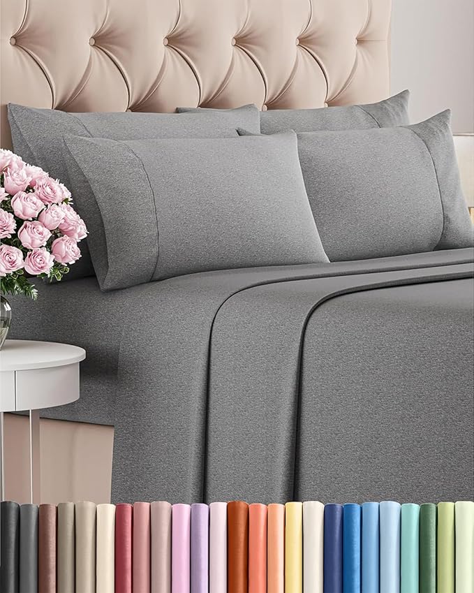 Full 6 Piece Sheet Set - Cooling & Breathable Bed Sheets - Hotel Luxury Bed Sheets for Women, Men, Kids & Teens - Bedding w/Deep Pockets & Easy Fit - Soft & Wrinkle Free - Full Heathered Grey Sheets