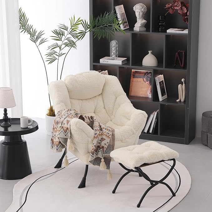 Lazy Chair with Ottoman, Modern Accent Lounge Armchair with Side Pocket & Foldable Footstool, Leisure Reading Chair for Living Room, Bedroom, Dorm & Office, Plush Beige