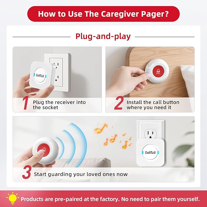 CallToU Wireless Caregiver Pager Smart Call System 2 SOS Call Buttons/Transmitters 2 Receivers Nurse Calling Alert Patient Help System for Home/Personal Attention Pager 500+Feet Plugin Receiver
