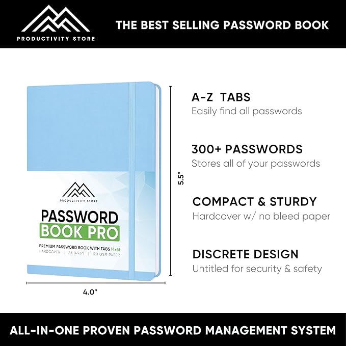 Best Password Book with Alphabetical Tabs | Small Password Book, Organizer & Notebook | Password Keeper to Keep Website Logins & Passwords Safe | Black | Small 4x5.5 | Productivity Store