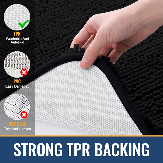 Arotive Bathroom Rugs 30x20, Extra Soft Absorbent Shaggy Chenille Bath Rugs, Machine Washable Rubber Backing Non-Slip Bath Mats for Bathroom Floor Tub and Shower, Home Decor Accessories, Black