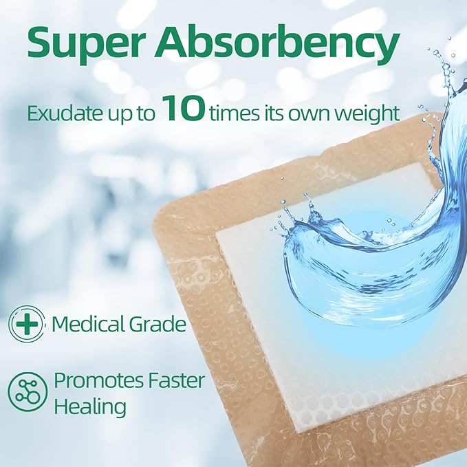 Jointown Foam Absorbent Wound Care Dressing, Adhesive Silicone Sacral Foam Dressing with Border, Waterproof Bed Sore Bandages, 7"x7", 10 PCS