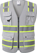 JKSafety 9 Pockets Hi-Vis Fluorescent Color Zipper Front Safety Vest with Neon Color Extended Yellow Trims for Men and Women Work Safety Utility (901-Grey L)