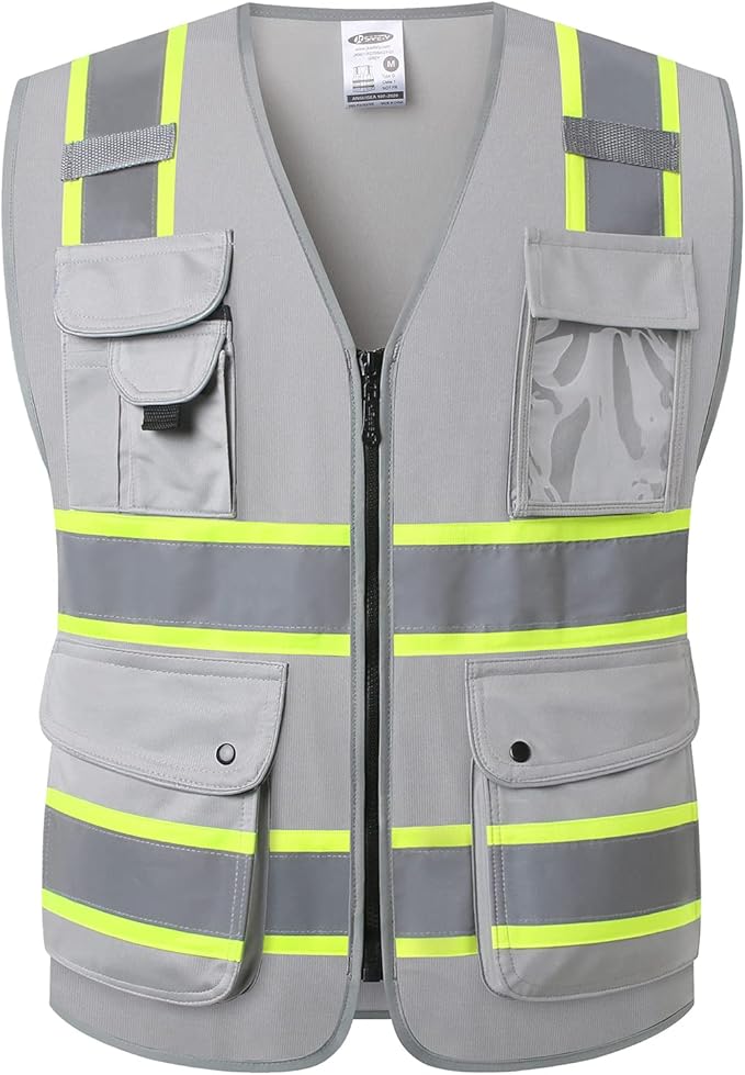 JKSafety 9 Pockets Hi-Vis Fluorescent Color Zipper Front Safety Vest with Neon Color Extended Yellow Trims for Men and Women Work Safety Utility (901-Grey XXL)