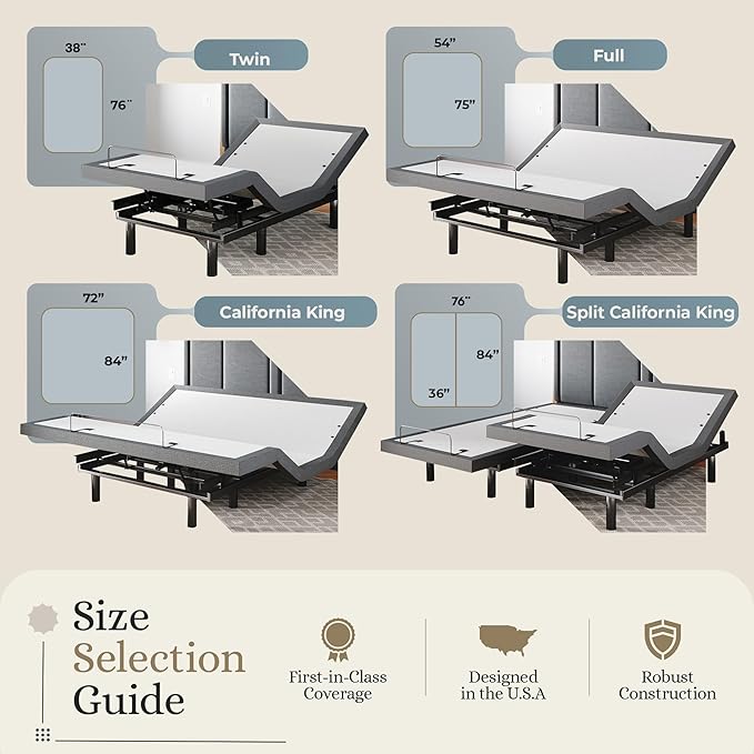 Sven & Son Classic Adjustable Bed Base, Head and Foot Lift, Massage, Under-Bed Lights, USB, Gel Memory, Zero Gravity Smart Frame - Split California King