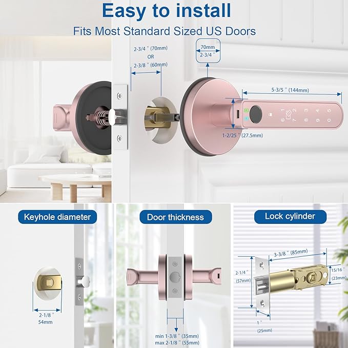 Fingerprint Door Lock, 6-in-1 Smart Door Knob with App Control/Fingerprints/IC Cards/Passwords/2 Keys, Fingerprint Door Knob Biometric Door Lock for Bedroom Apartment-Pink