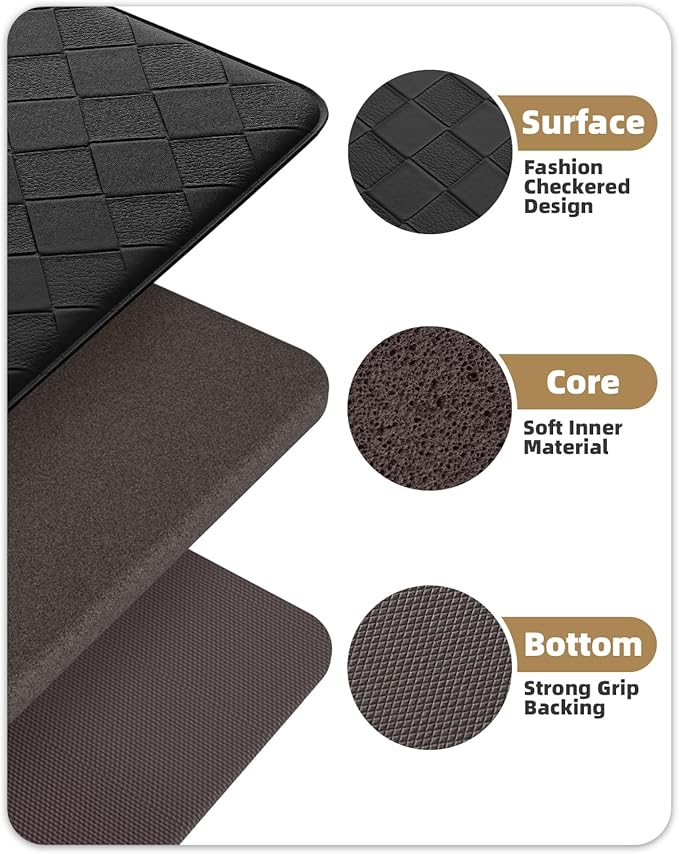 Color&Geometry Anti Fatigue Cushioned Checkered Designed Kitchen Mats Set, Easy Clean, Waterproof & Oil Proof Kitchen Floor Mat, Anti Slip Runner for Front Sink Comfort Standing,17x47+17x71,Black