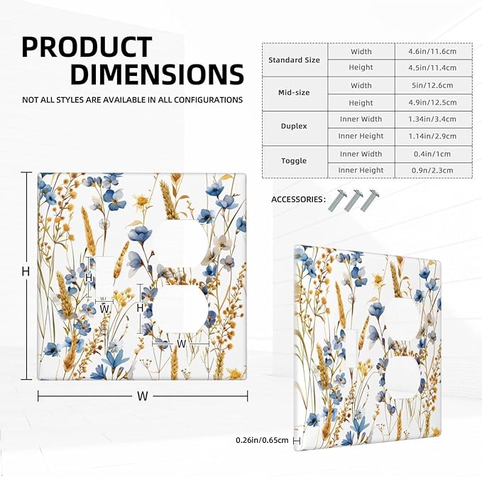 Vintage Wildflower Blue Gold Country Fall Wheat Floral Wallplates 1 Toggle 1 Duplex Switch Plate Electrical GFCI Faceplate Decorative Light Switch Covers for Bedroom Living Room Decor