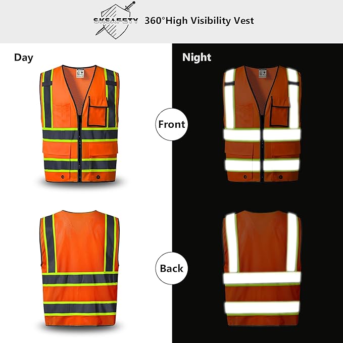 SKSAFETY 10 Pockets Safety Vest, Class 2 High Visibility Security with Zipper Back Mesh, Hi Vis Vest with Reflective Strips, ANSI/ISEA Standard, Construction Work Vest for Men ＆ Women （Orange, XL）