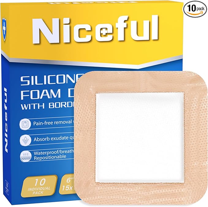 10 Count Silicone Foam Dressing 6" x 6" - Large Bandages for Wounds, Wound Dressing Waterproof Silicone Bandages for Bedsores, Diabetic Foot Ulcers, I-II Degree Burns