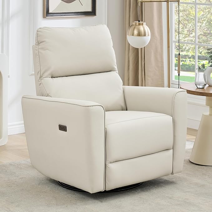 Power Recliner Chair Swivel Glider Faux Leather Upholstered Nursery Rocker Reclining Sofa Chair with Charging Port, Curved Armrests & Padded Backrest for Living Room and Bedroom(Power Beige)
