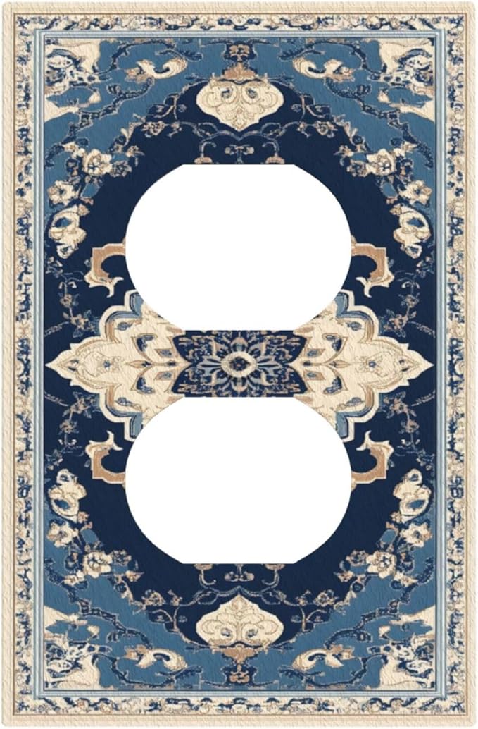Outlet Covers Boho Beige Navy Blue Medallion Decorative 1 Gang Duplex Light Switch Cover Plate Receptacle Wall Plate Electrical Switch Plate Covers for Country Bathroom Bedroom Decor