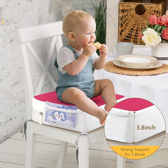 Booster Seat for Kitchen Chair - 4-Point Anchor 3.8" Lift Toddler Booster Seat for Dining Table with Side Pockets, Non-Slip & Portable Dining Cushion for Kids (Pink)