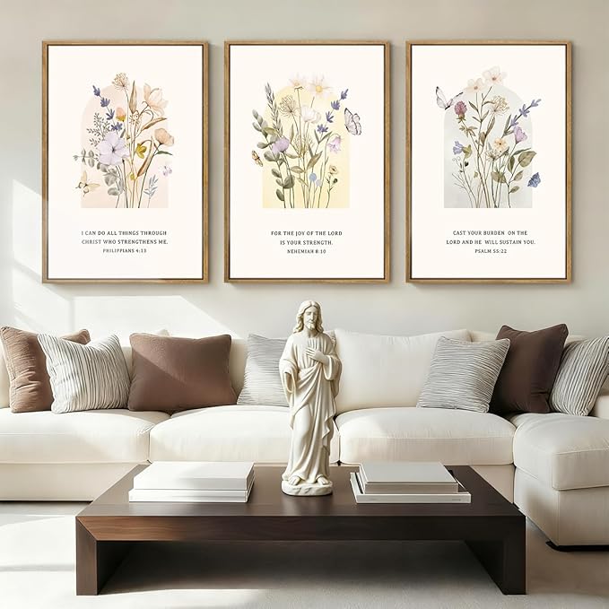 IARTTOP Extra Large Christian Floral Wall Art Framed 24x36 Inch Bible Verse Scripture Art Prints Minimalist Botanical Wildflower Religious Canvas Wall Decor for Living room Bedroom Set of 3