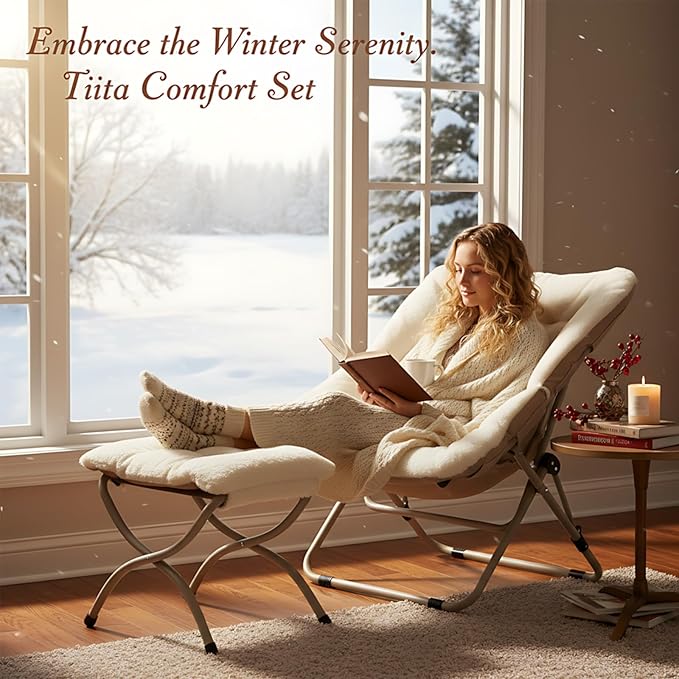 Tiita Folded Chair with Ottoman, Soft Faux Fur Oversized Folding Accent Chair,Lounge Lazy Chair, Metal Frame Moon Chair for Bedroom, Living Room, Dorm Rooms, Garden and Courtyard