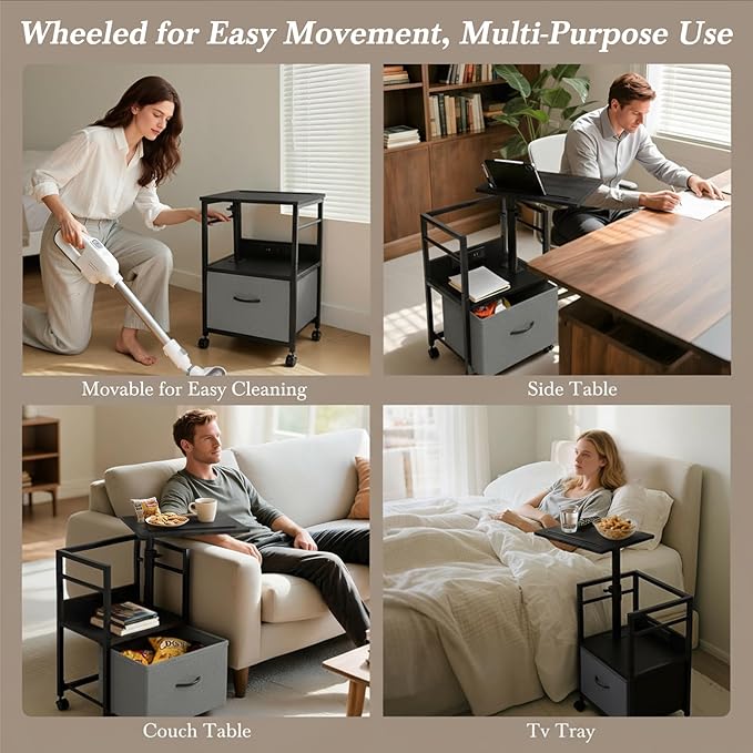 Swivel Lift Top Nightstand with Charging Station, 2-Tier 360° Adjustable Bedside Table, Rolling Night Stand with Wheels, Small End Table with Fabric Drawer, for Bedroom, Living Room, Black Gray