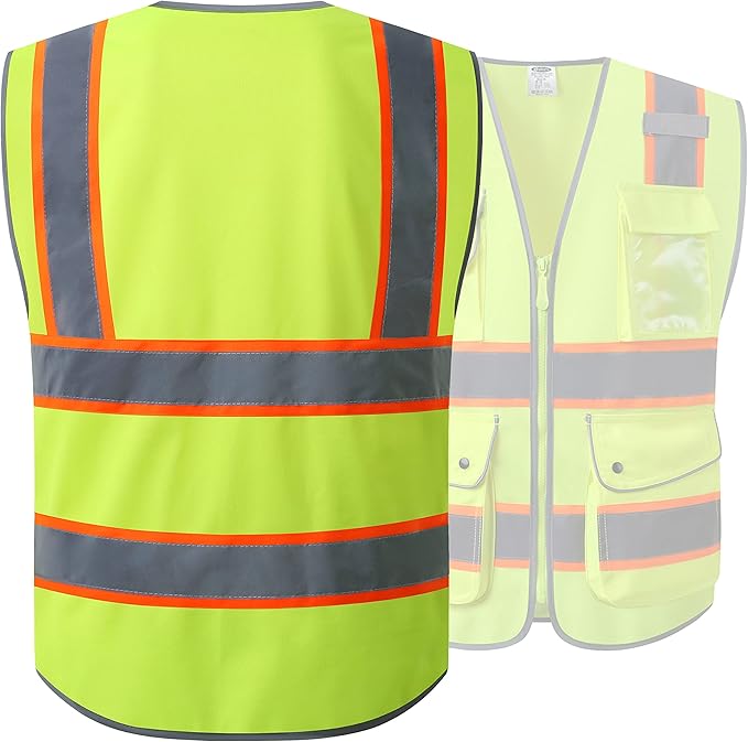 JKSafety 9 Pockets Hi-Vis Neon Yellow Color Zipper Front Safety Vest with Fluorescent Orange Extend Edge outlining the Reflective Tapes Meet ANSI/ISEA Class 2 Standard (901-Yellow, X-Large)