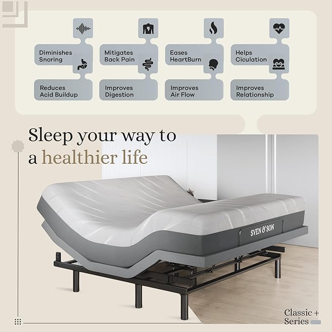 Sven & Son Harmony Adjustable Bed Base, Head and Foot Lift, Massage, Under-Bed Lights, USB, Gel Memory, Zero Gravity Smart Frame - King + 12 inch Memory Foam Matt (Medium)
