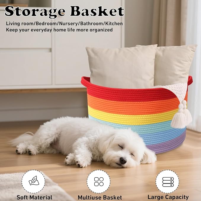 Large Storage Basket with Handle,23.6" x 23.6" x 15.7" Blanket Basket Storage Bins for Organizing,65L Cotton Rope Woven Baskets for Living Room, Nursery ,Bedroom,Rainbow