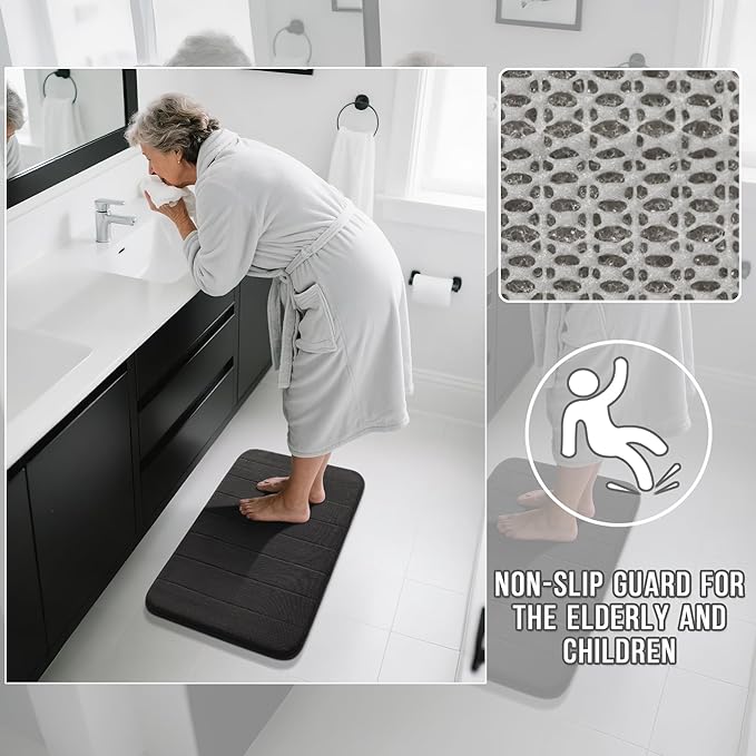 Yimobra 3 Pieces Memory Foam Bath Mat Set with U-Shaped Toilet Rug - Non Slip Super Soft Absorbent Quick Dry Bathroom Rugs for Bathtub, Vanity & Toilet Base, Black