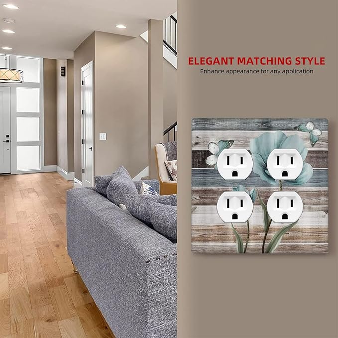 Teal Flora Flowers and Butterfly Wooden Style Outlet Covers 2-Gang Duplex Light Switch Cover Plate Decorative Gfci Wall Plate Electrical Receptacle Switchplate Plug Faceplate for Bedroom Decor