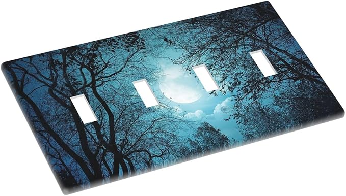 Light Switch Cover Teal Full Moon Forest 4 Gang Switch Plate Quad Toggle Wall Plates Turquoise Decorative Switchplate Electrical Outlet Cover Plates for Bathroom Bedroom Decor