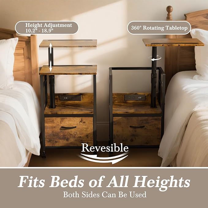 Swivel Lift Top Nightstand with Charging Station, 2-Tier 360° Adjustable Bedside Table, Rolling Night Stand with Wheels, Small End Table with Fabric Drawer, for Bedroom, Living Room, Rustic Brown