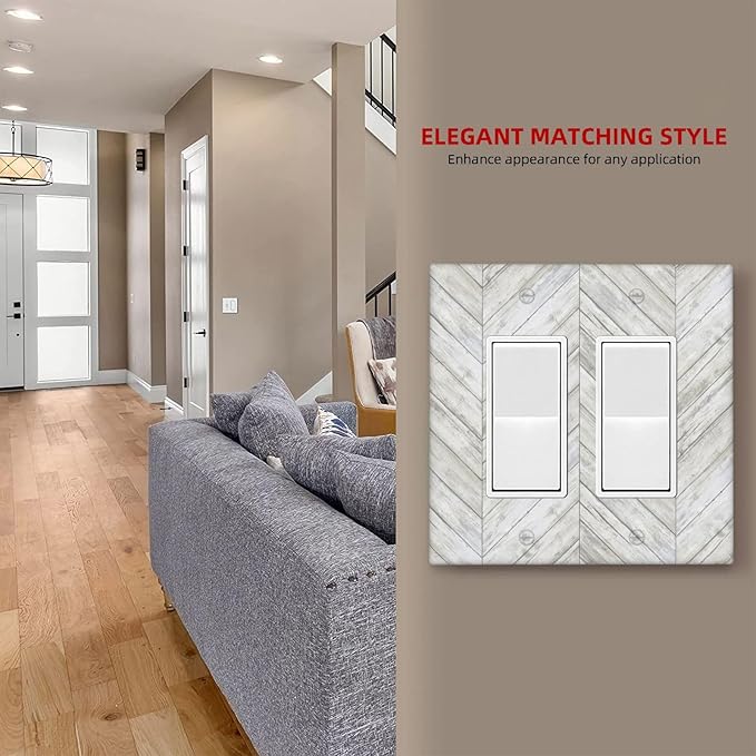 Rustic White Gray Herringbone Wood 2 Gang Rocker Decora Light Switch Cover Decorative Vintage Country Outlet Covers Wall Plate Electrical Faceplate Switchcovers GFCI for Farmhouse Living Room Decor