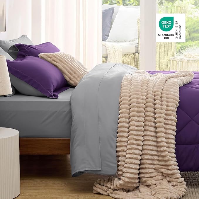 Bedsure Queen Comforter Set - 7 Pieces Reversible Purple Bedding, Queen Size Bed Set for All Seasons, Bed in a Bag with Down Alternative Comforter, Sheets, Pillowcases & Shams