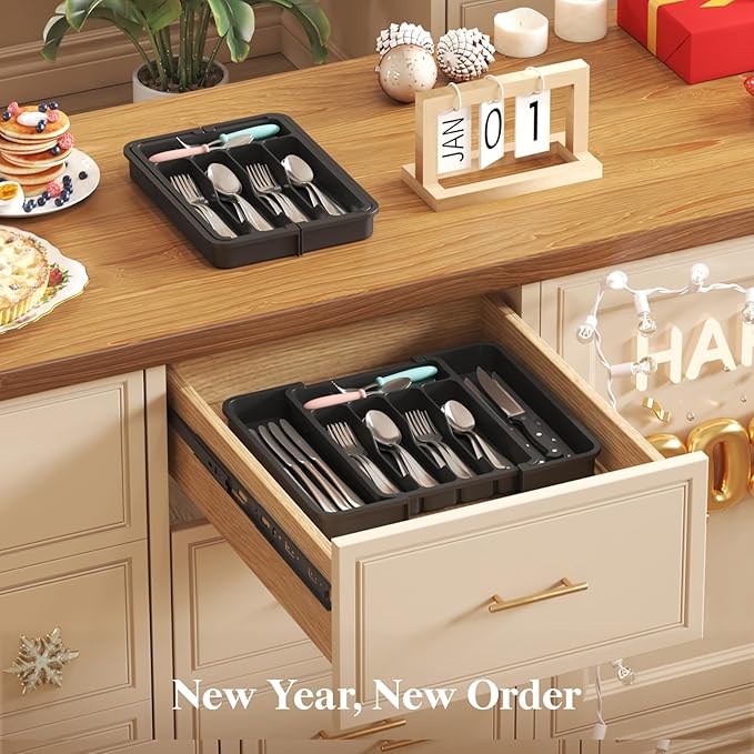 Lifewit Silverware Drawer Organizer, Expandable BPA Free Utensil Tray for Kitchen, Adjustable Flatware and Cutlery Holder for Spoons Forks Knives, Plastic Kitchen Organizers and Storage, Black