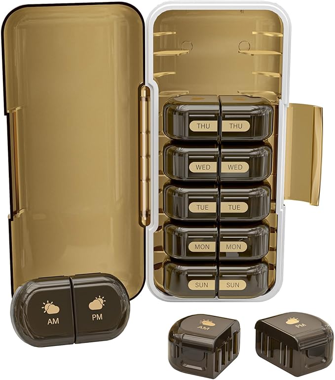 Weekly Pill Organizer 2 Times a Day, Moisture-Proof, Detachable Compartments, AM PM Pill Box 2X 7 Day, Travel Pill Organizer for Pills/Fish Oil/Medication/Vitamin/Supplements (Brown)