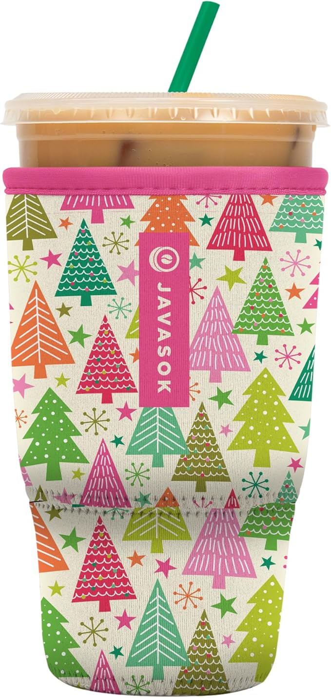 Sok It JavaSok Iced Coffee & Cold Soda Insulated Neoprene Cup Sleeve (Festive Forest, Large: 30-32oz)