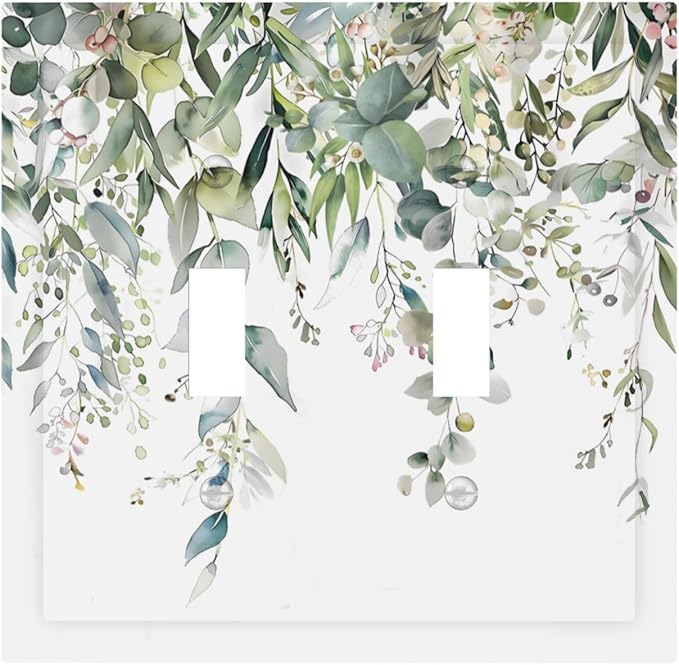 Sage Green Watercolor Eucalyptus Leaves Floral Flowers Decorative Switch Plates 2 Gang Double Toggle Outlet Light Switch Cover Wall Plate Electrical Faceplate for Farmhouse Bed Room Decor