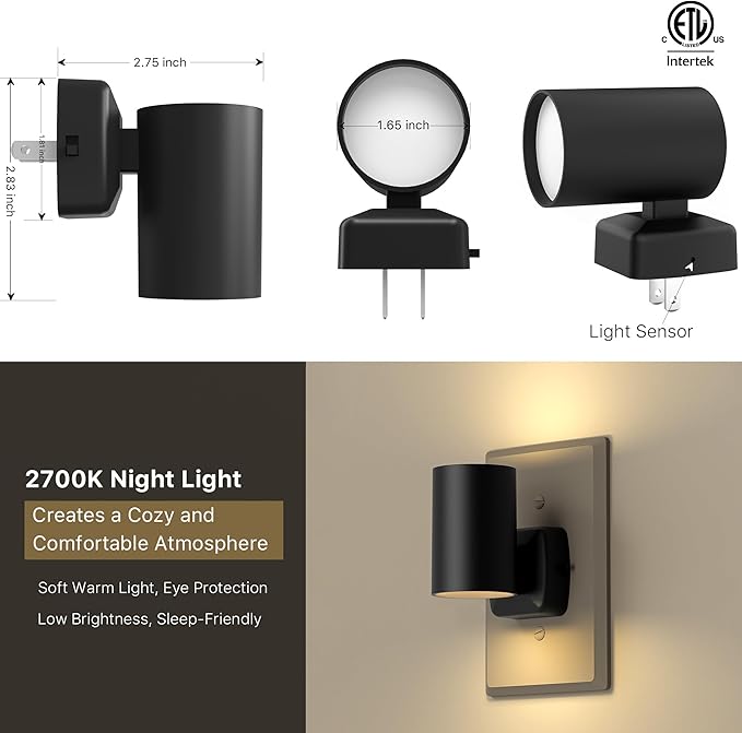 Led Night Light Plug in,Night Lights Plug into Wall Dusk to Dawn Sensor,20lm/40lm Adjustable Brightness,2700k Soft White,Dimmable Night Light for Hallway Bedroom Bathroom 4 Pack ETL-Certified
