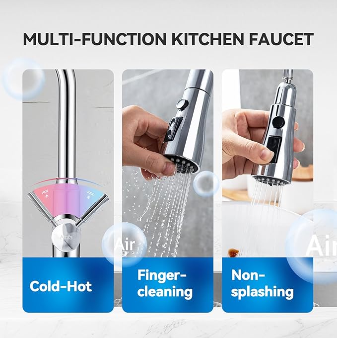 Kitchen Faucet with Pull Down Sprayer, Chrome Faucet for Kitchen Sink Stainless Steel Kitchen Faucets, Single Handle 1 or 3 Hole Faucet with Escutcheon for RV, Outdoor, Laundry & Utility Room Sink
