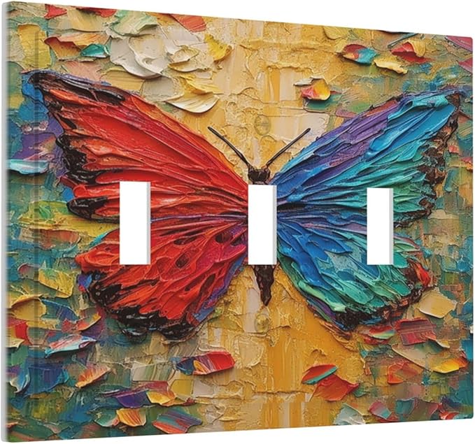 Decorative Switch Plates Colorful Butterfly Animal Insects Wall Art Abstract 3 Gang Wall Plate Triple Toggle Light Switch Cover Faceplate Electrical Wall Panels for Bedroom Home Decor