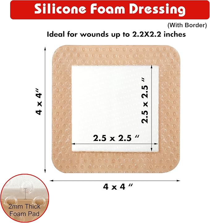 FRESINIDER Silicone Foam Dressing with Adhesive Border – Wound Dressing Bandage – Silicone Foam Pad – Pack of 20 – 4 x 4 Inches Large Waterproof Bandages – Self Adhesive Wound Care and Dressings